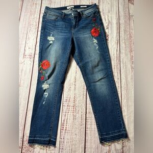 Black Daisy Kate straight leg Blue Jeans with Red Floral Embroidery